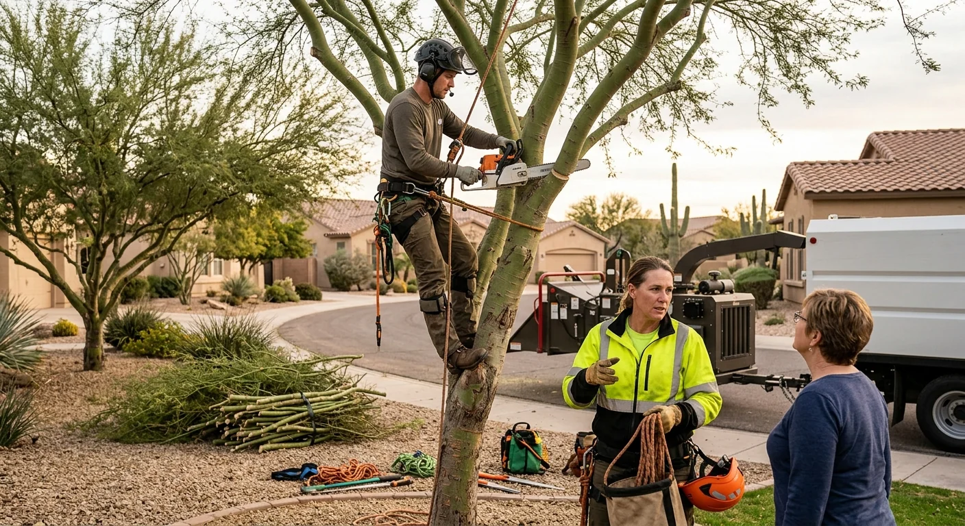 Crew clearing dense brush from a residential lot in Goodyear Arizona