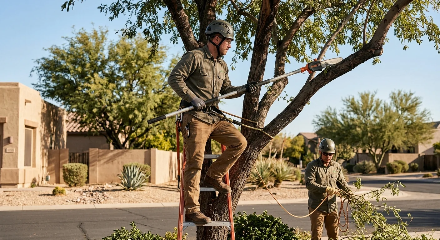Crew clearing overgrown desert brush from a Goodyear residential lot