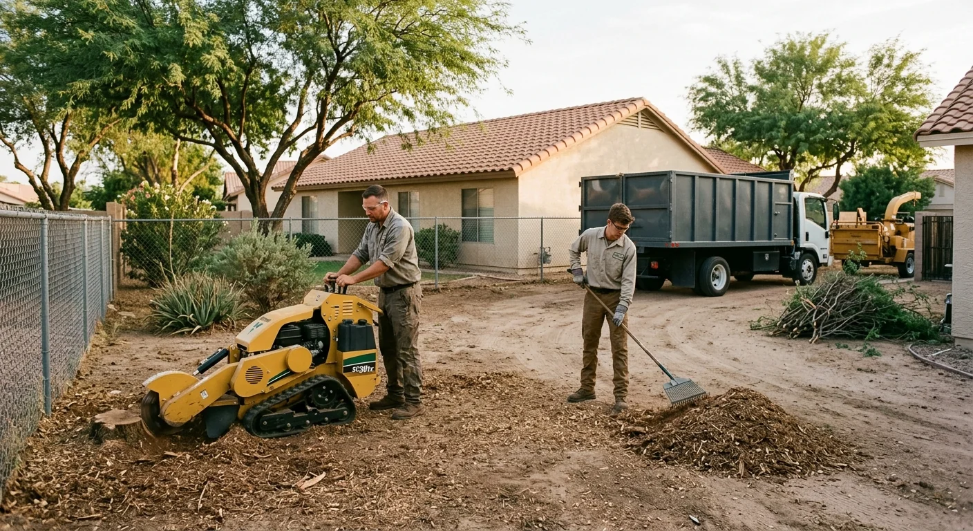 Wide shot of a residential backyard cleared of dense brush in Goodyear