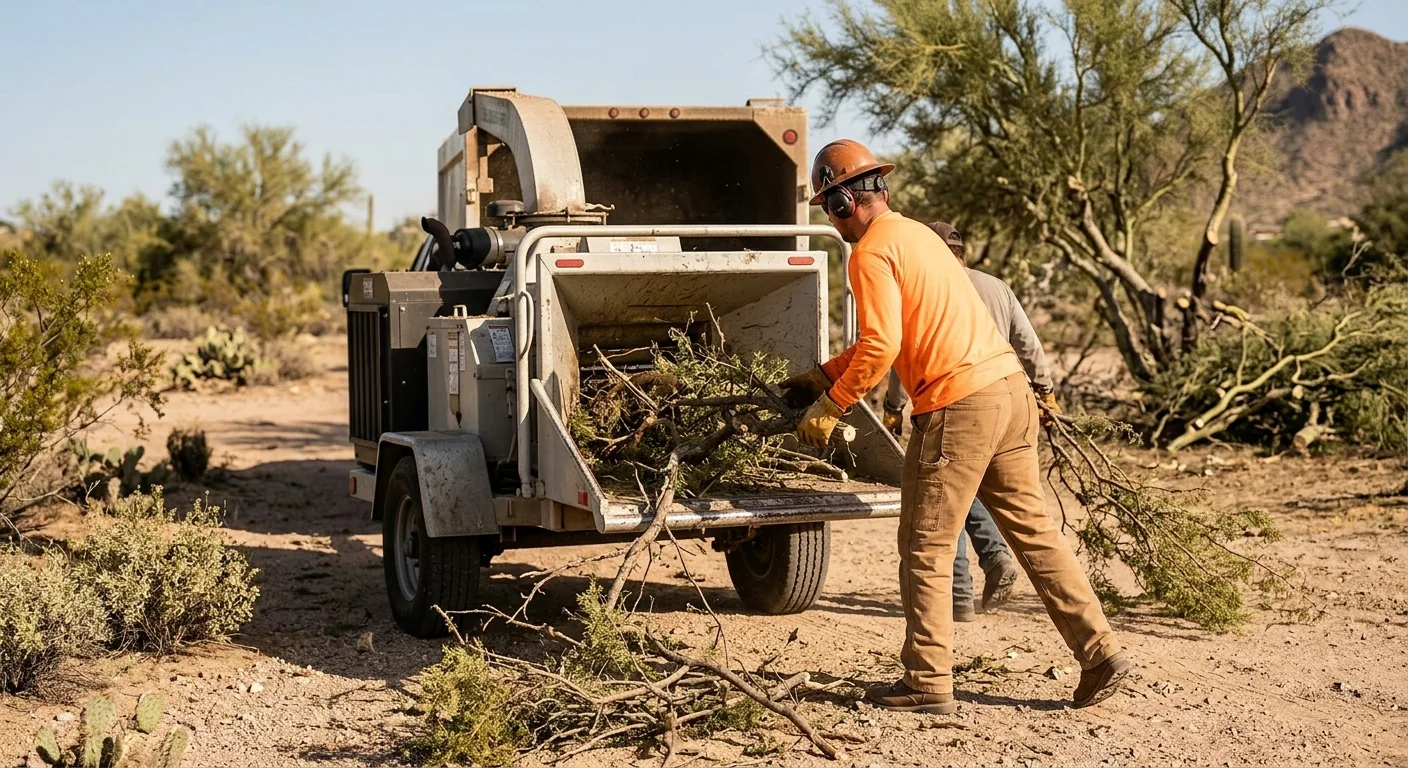 Close-up of a wood chipper processing cut brush on a desert lot