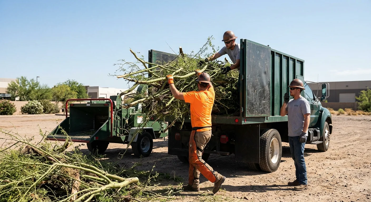 Crew loading green waste into a hauling truck on an open Goodyear lot