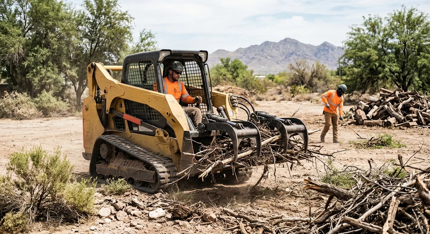 Loader clearing dead limbs and debris from a large commercial parcel