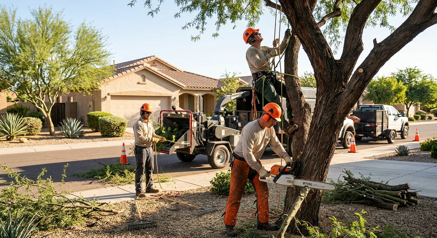 Crane lifting a large tree section over a Goodyear residential property