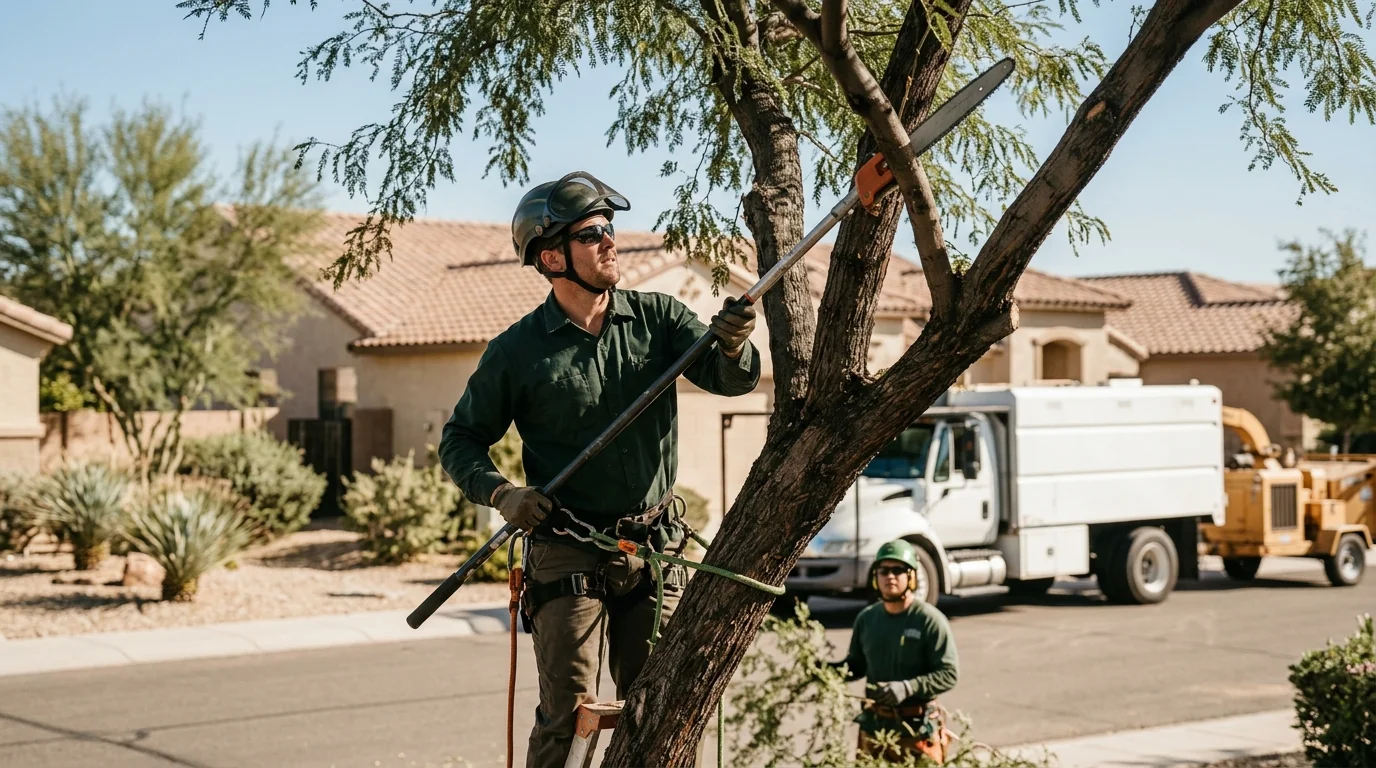 Ground crew guiding rigging lines during crane tree removal