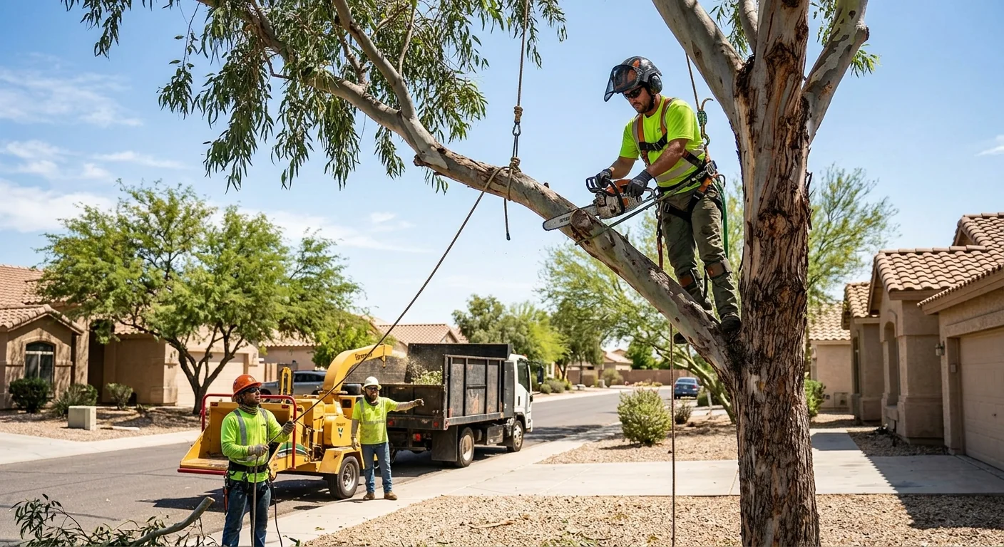 Crane lifting a large tree section during removal at a Goodyear property