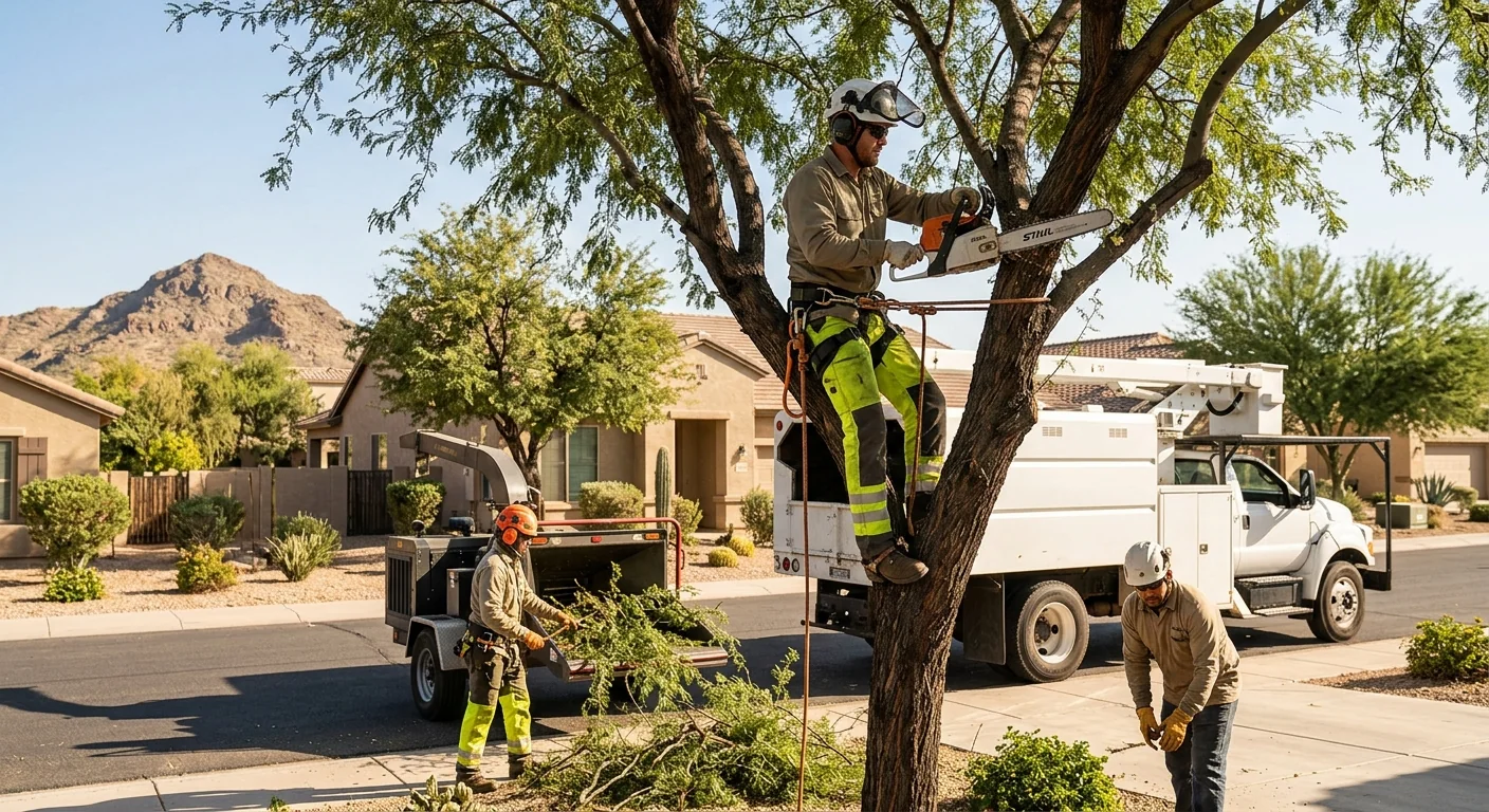 Mobile crane lifting a large tree section from a Goodyear backyard