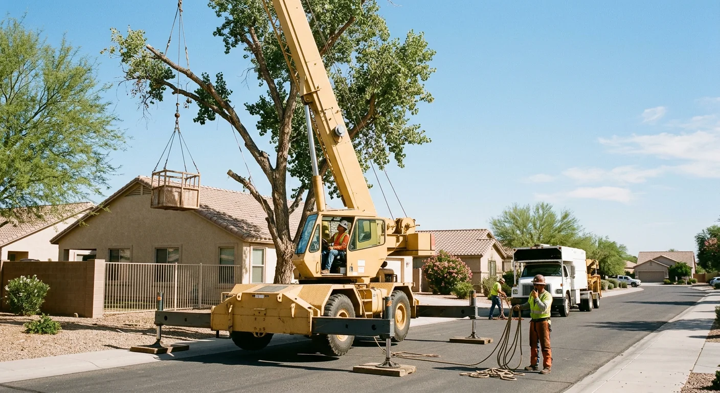 Crane positioned on a residential street preparing a large tree removal in Goodyear