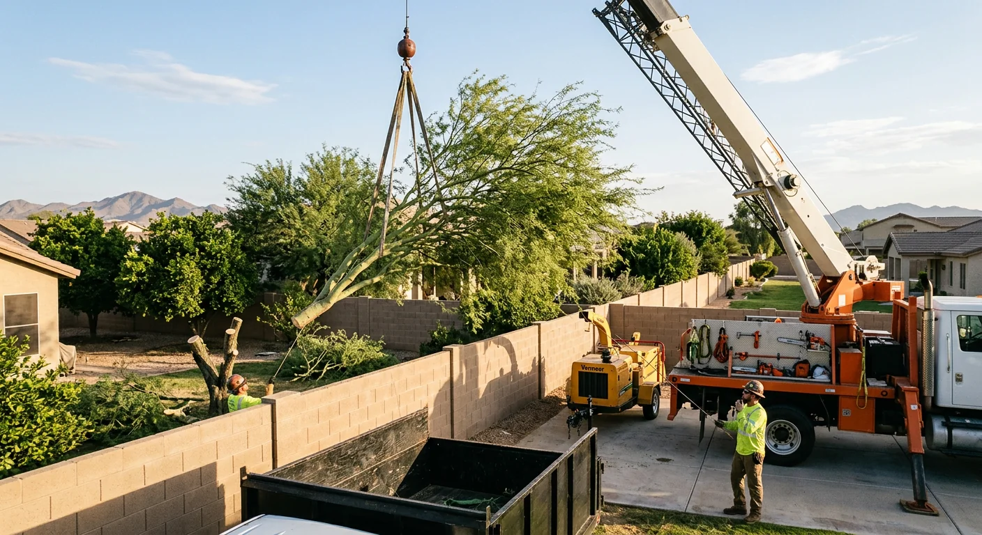 Wide shot of a crane lifting a canopy section over a backyard fence
