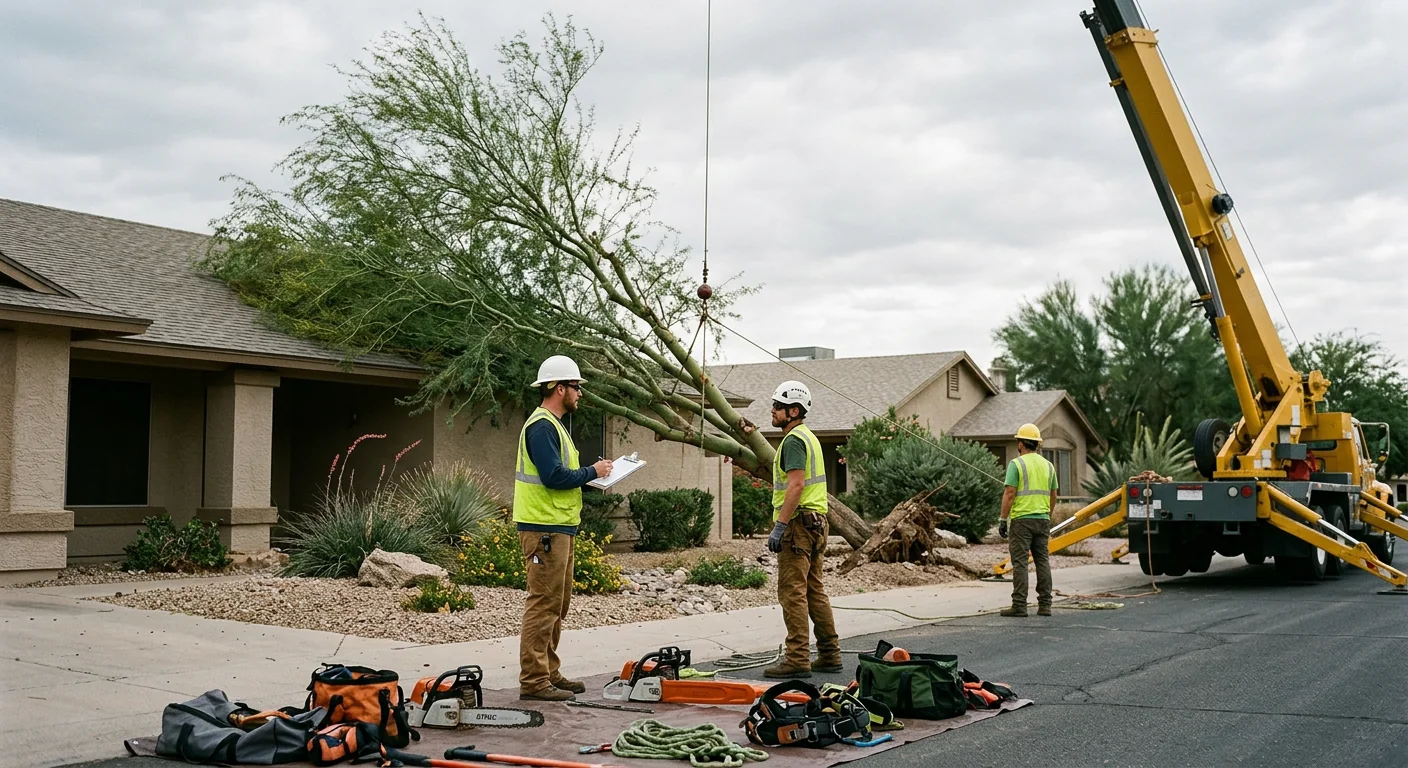 Storm-damaged tree leaning over a rooftop before crane sectioning begins