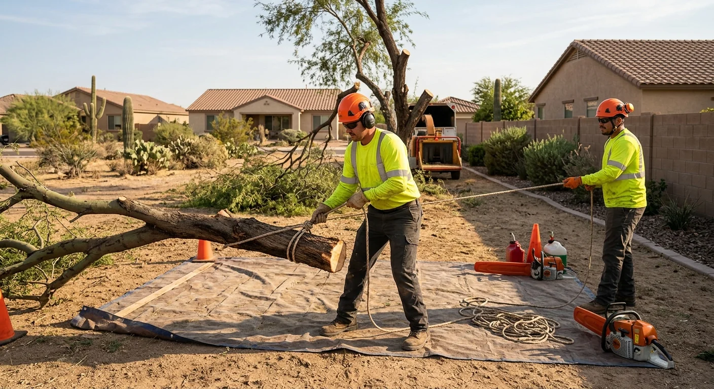 Ground crew guiding a lowered limb into a staging area during removal