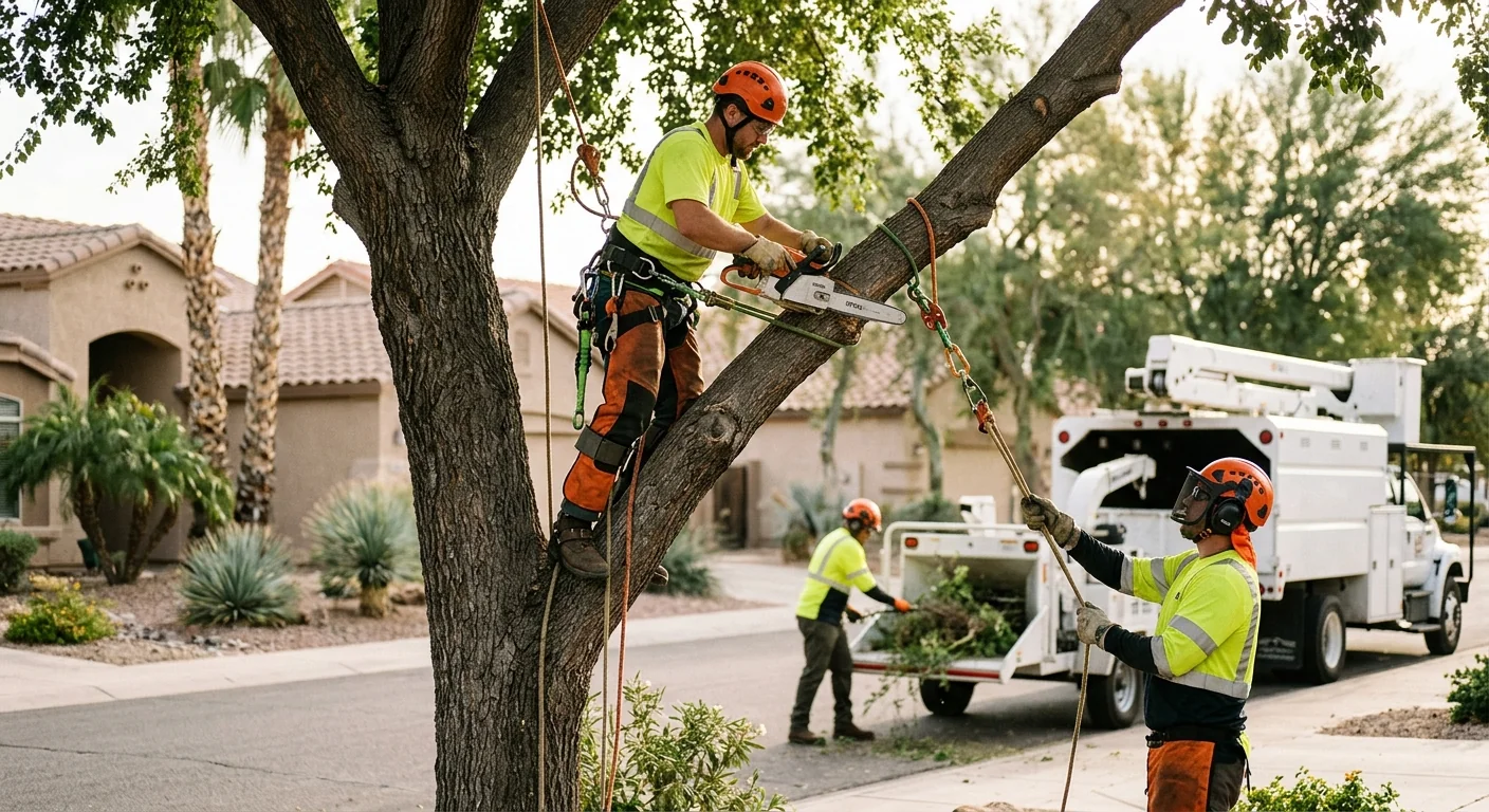 Crane operator guiding a suspended tree trunk over a Goodyear property