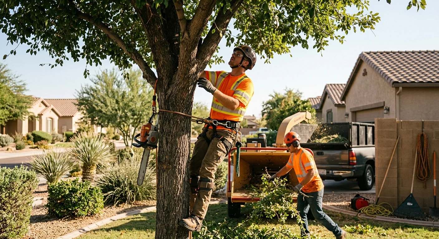Ground crew rigging a heavy limb for crane lift