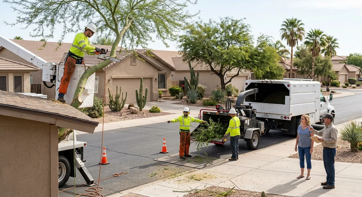 Arborist assessing a storm-damaged tree near a Goodyear home for emergency removal