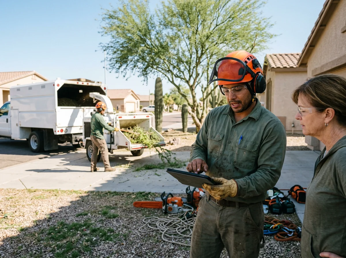 Crew loading cut branches during emergency tree cleanup work