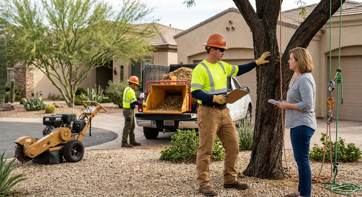 Emergency tree crew clearing a storm-damaged limb from a Goodyear property