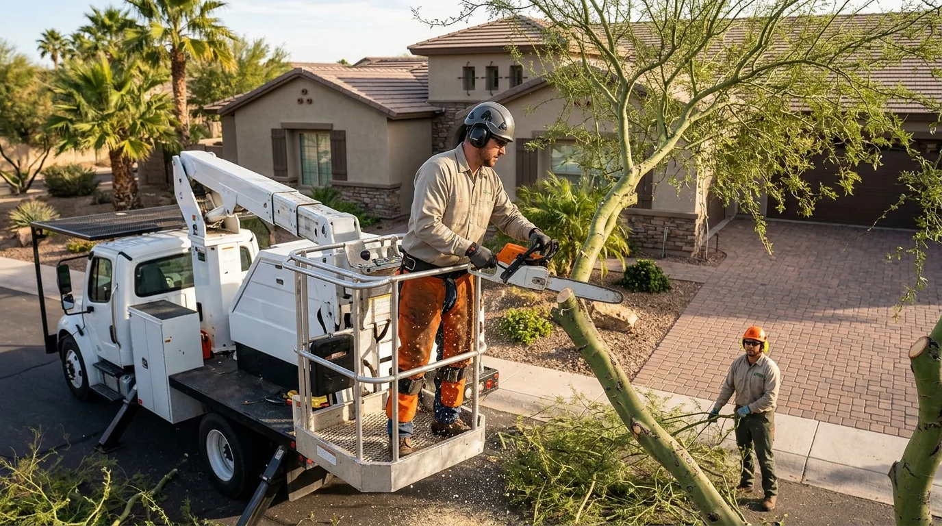 Arborist assessing a fallen tree after a Goodyear storm