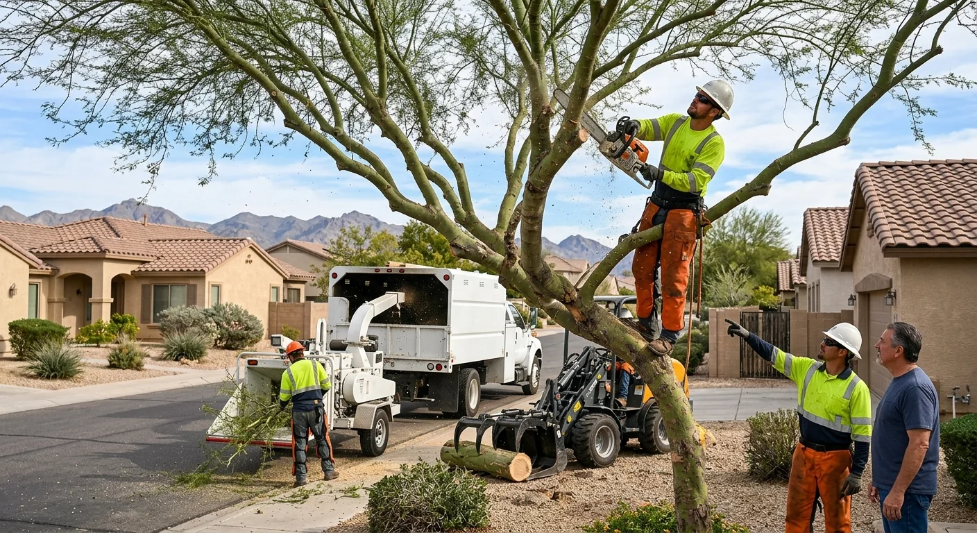 Crew clearing a storm-damaged tree from a Goodyear residential driveway