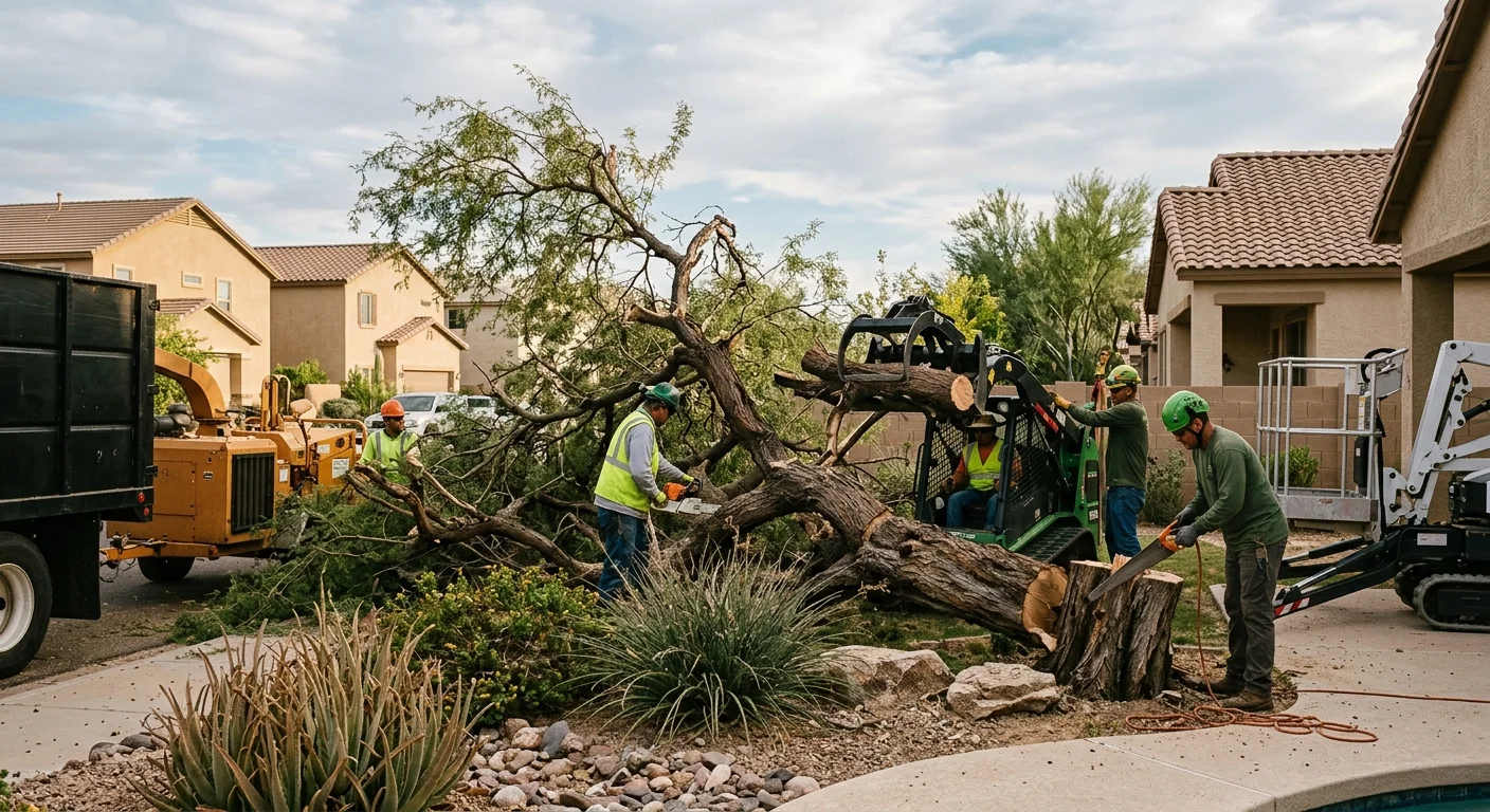 Wide shot of a toppled mesquite being removed from a Goodyear backyard after a storm