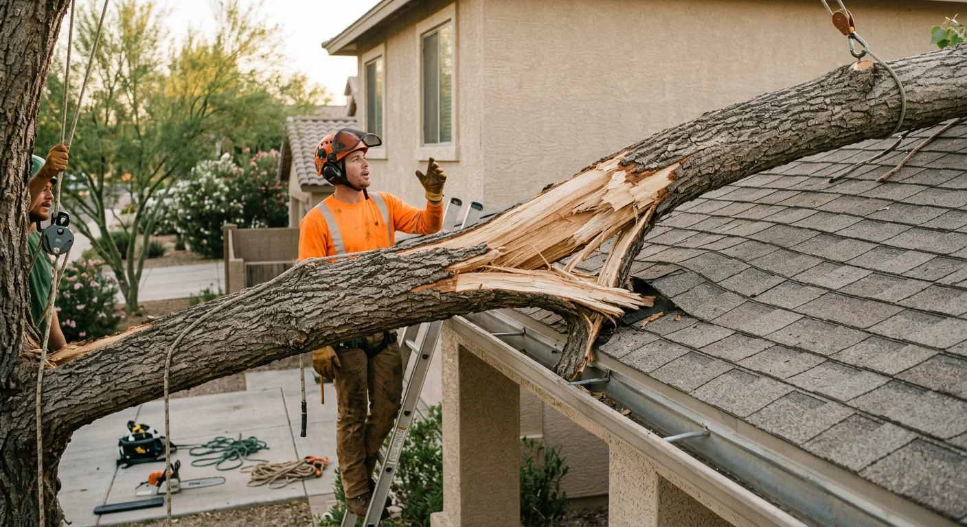 Close-up of a fractured limb resting against a residential roofline before removal