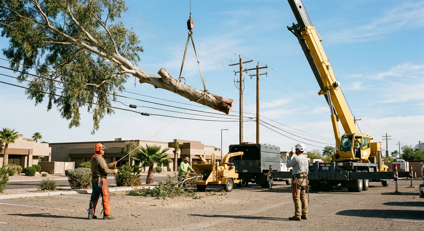 Crane lifting a large tree section away from power lines on a Goodyear lot