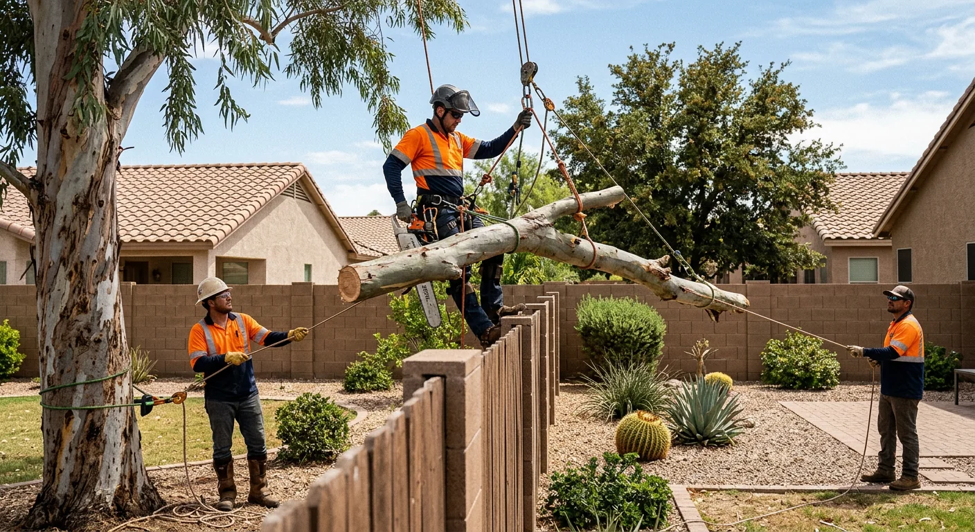 Crew rigging a controlled descent of a heavy branch over a fenced yard