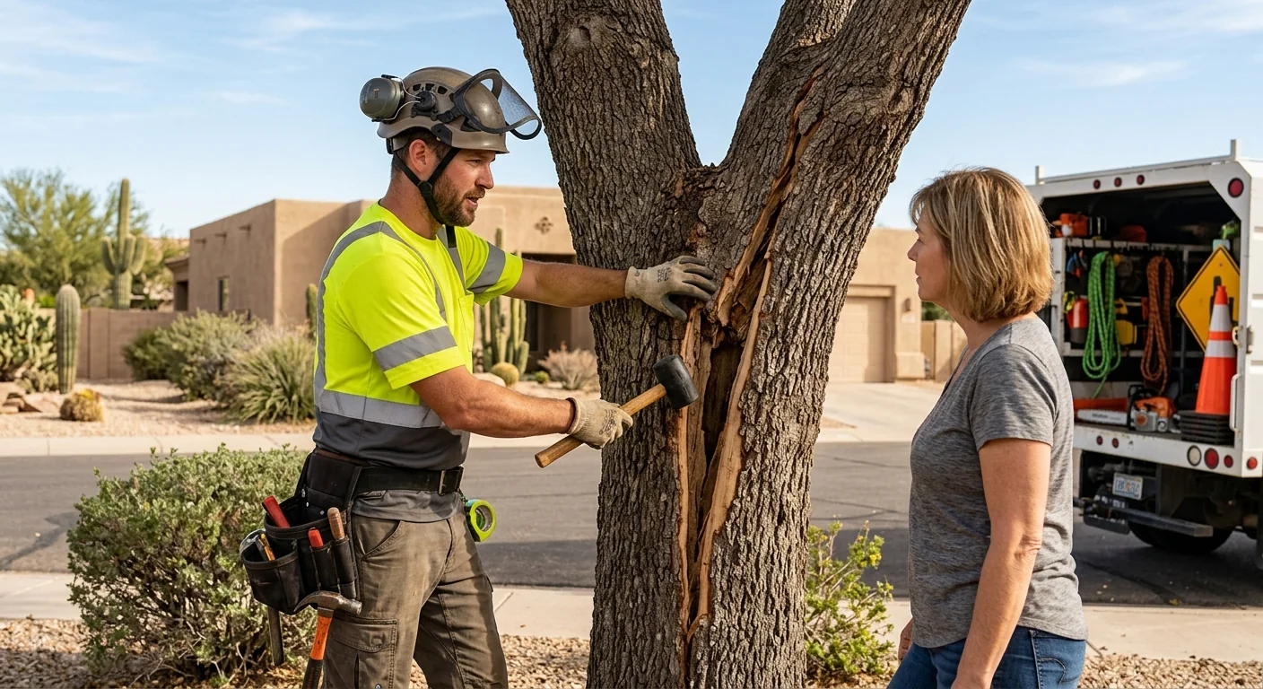 Arborist inspecting a split trunk union during an emergency site assessment