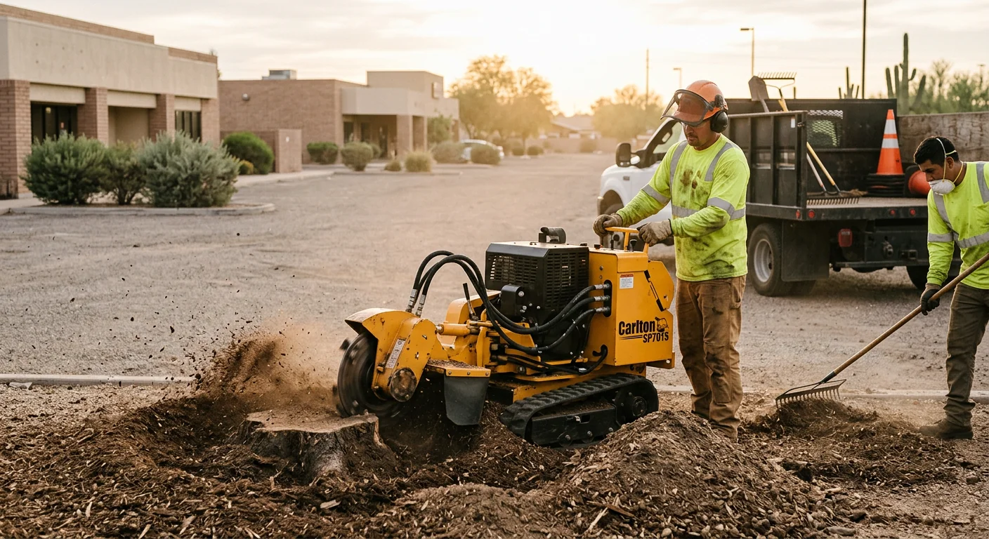 Stump grinder finishing removal work on a commercial lot in Goodyear
