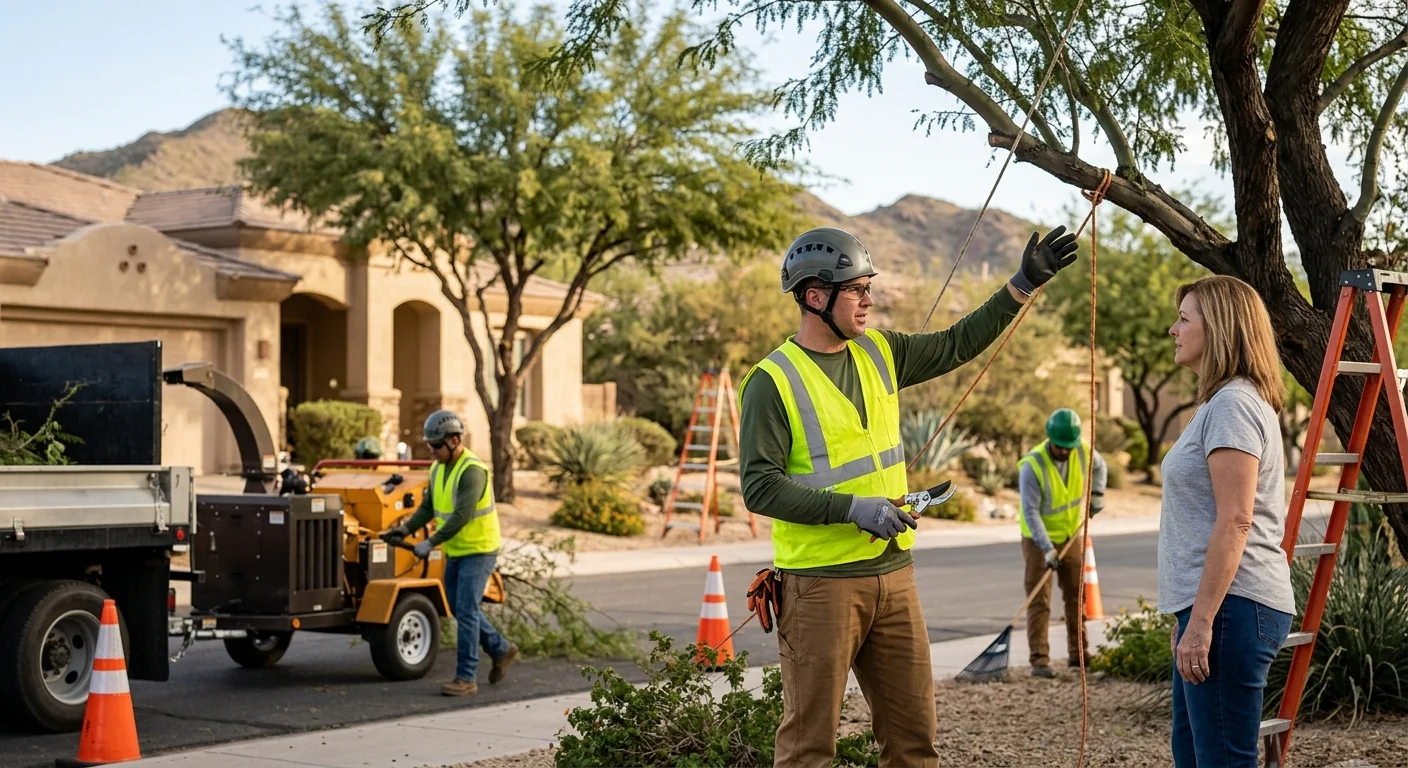 Arborist rigging a fallen limb during emergency removal in Goodyear