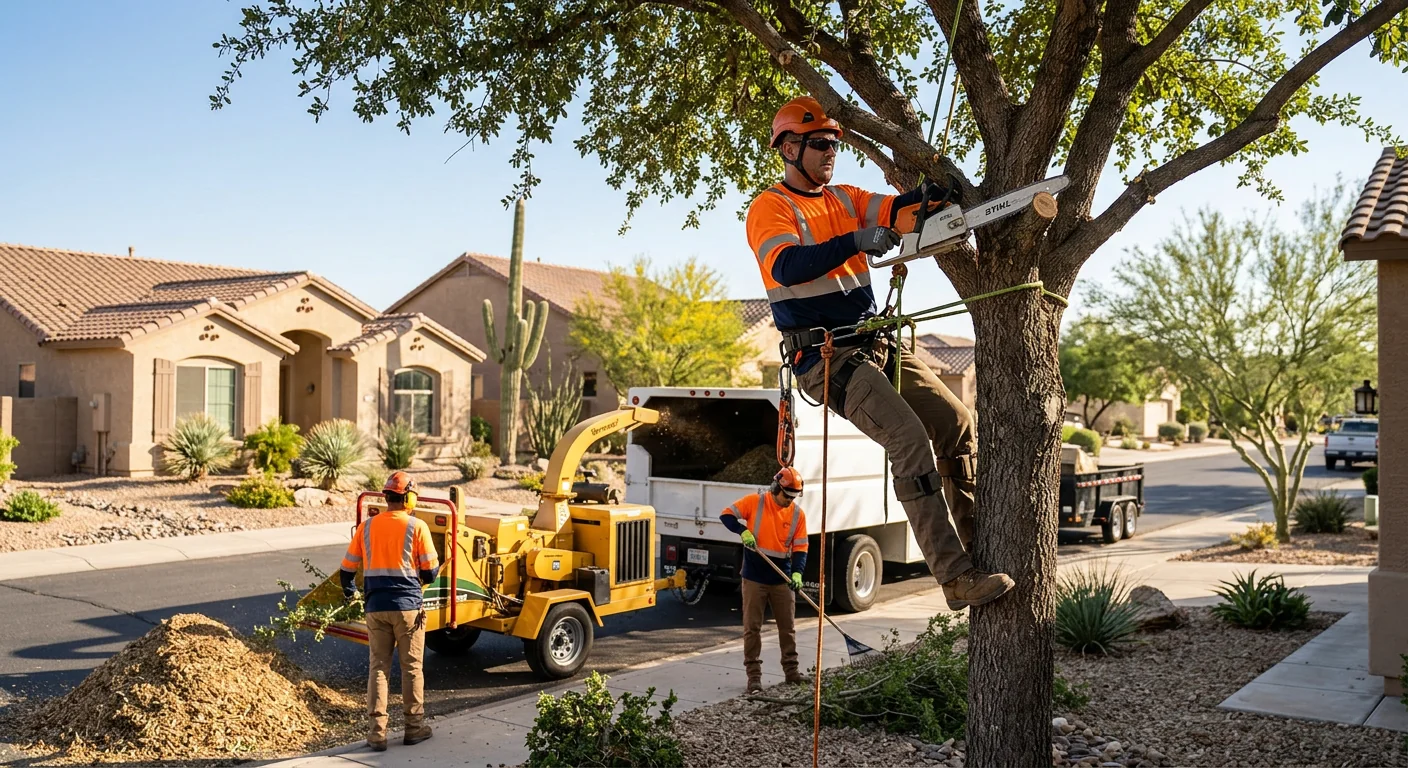 Crane lifting storm-damaged tree section from a property