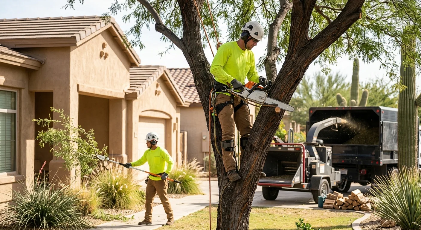 Arborist evaluating a leaning hazardous tree near a Goodyear home