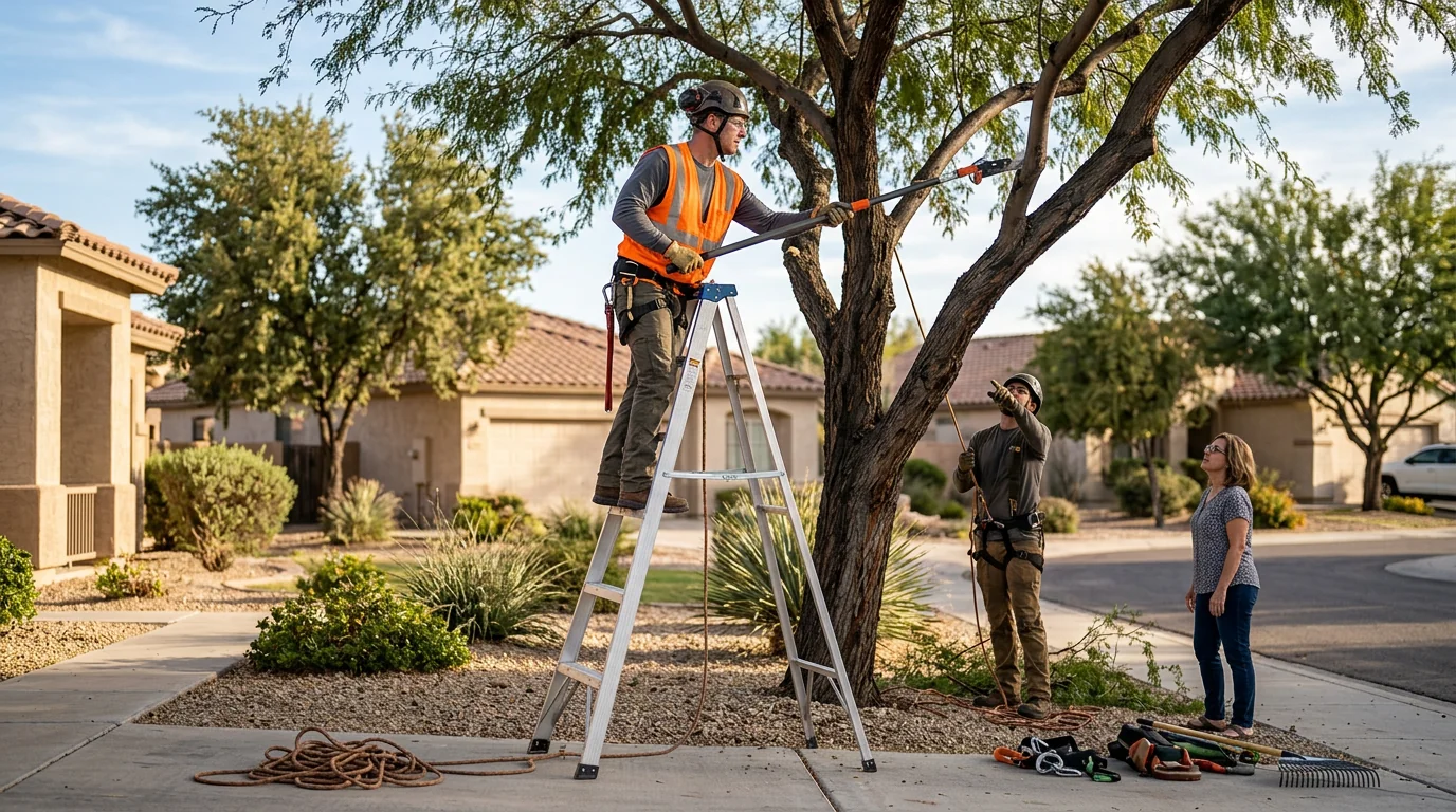 Crew loading cut limbs during a Goodyear hazardous tree removal