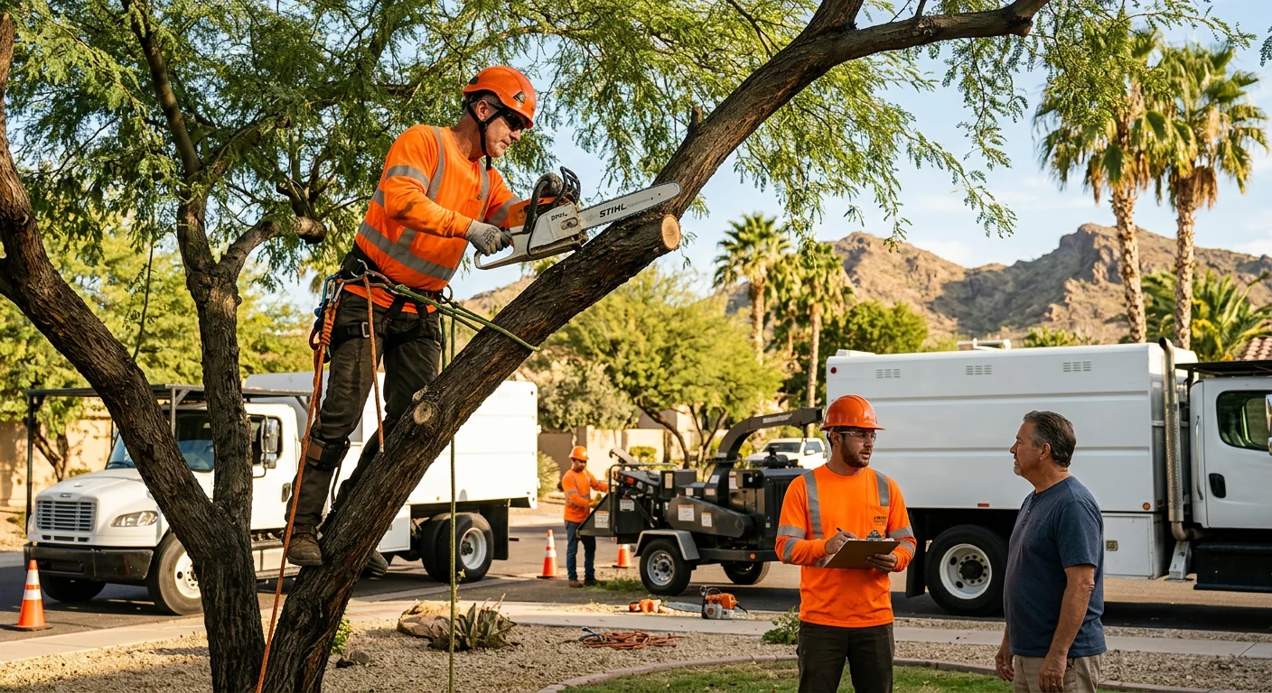 Tree crew preparing to remove a hazardous leaning tree near a Goodyear home