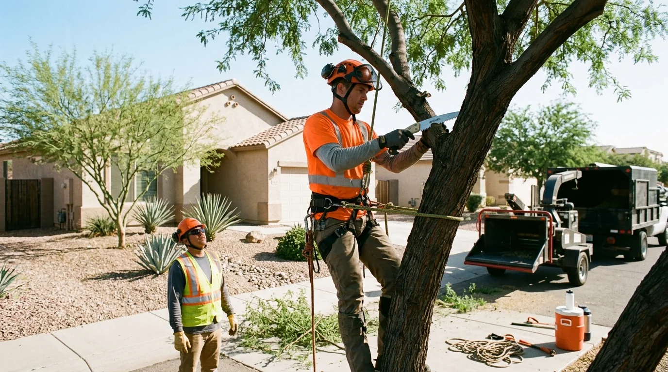 Arborist inspecting a damaged tree trunk before removal