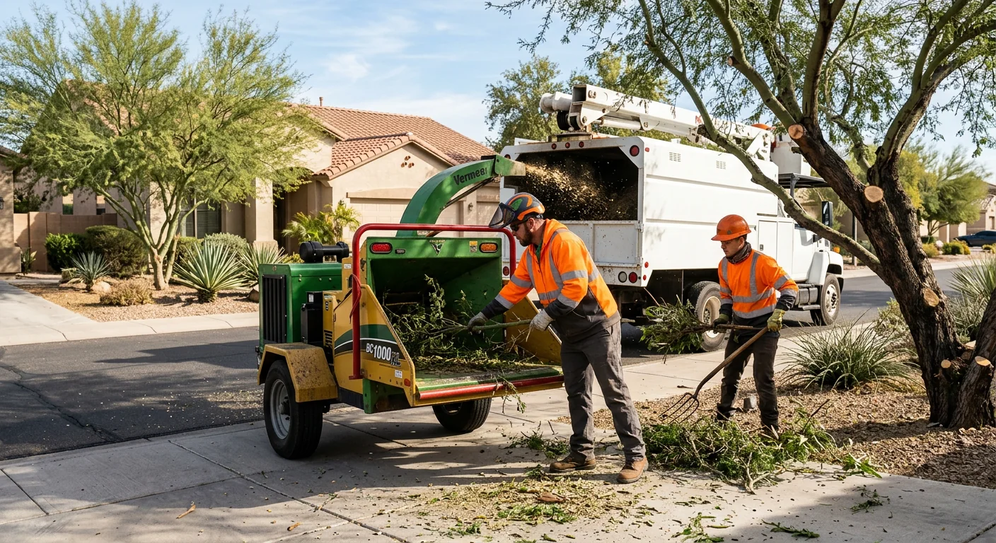 Crew removing a leaning storm-damaged tree from a Goodyear residential yard