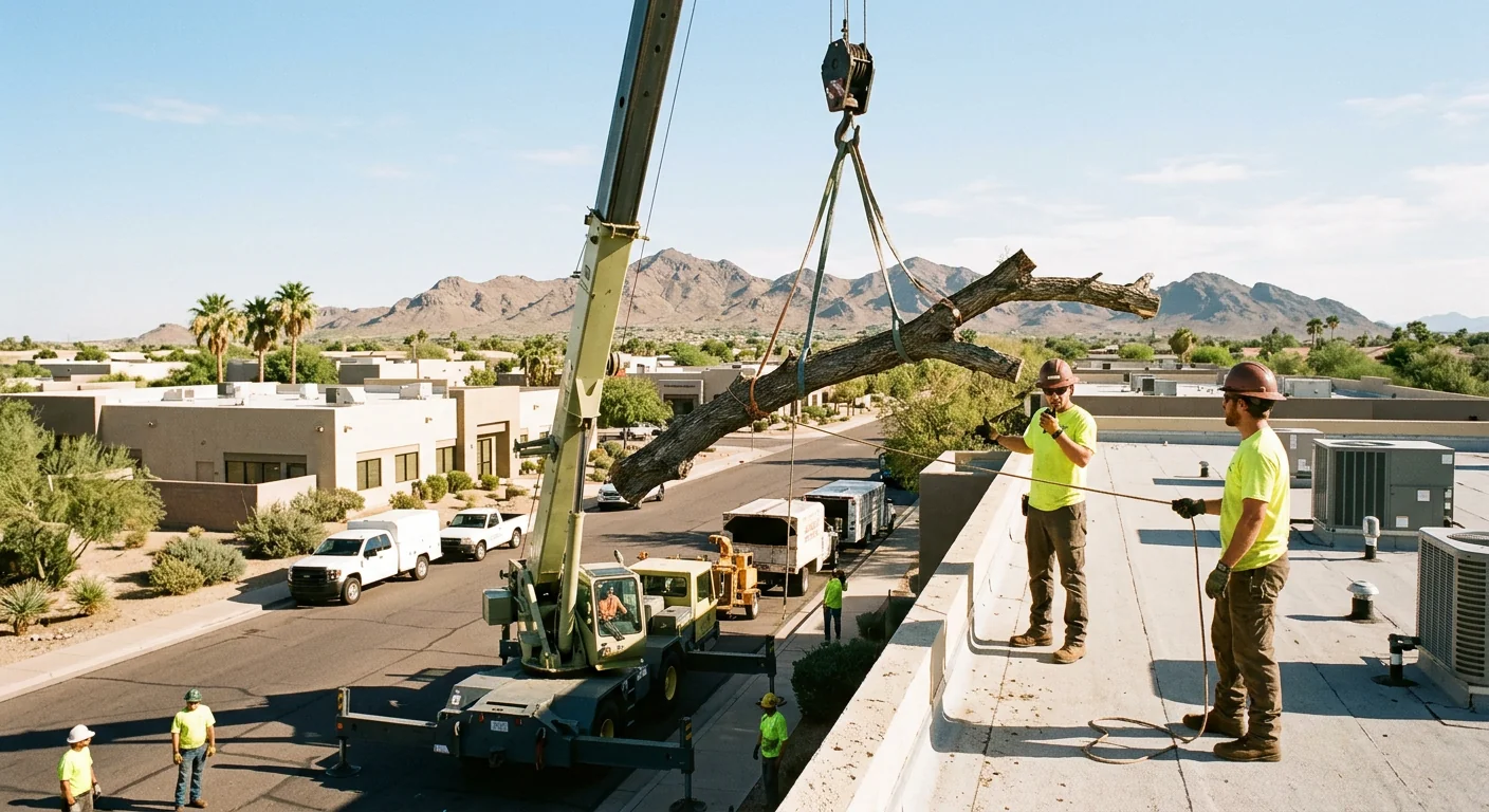 Crane lifting a large hazardous tree section away from a Goodyear rooftop