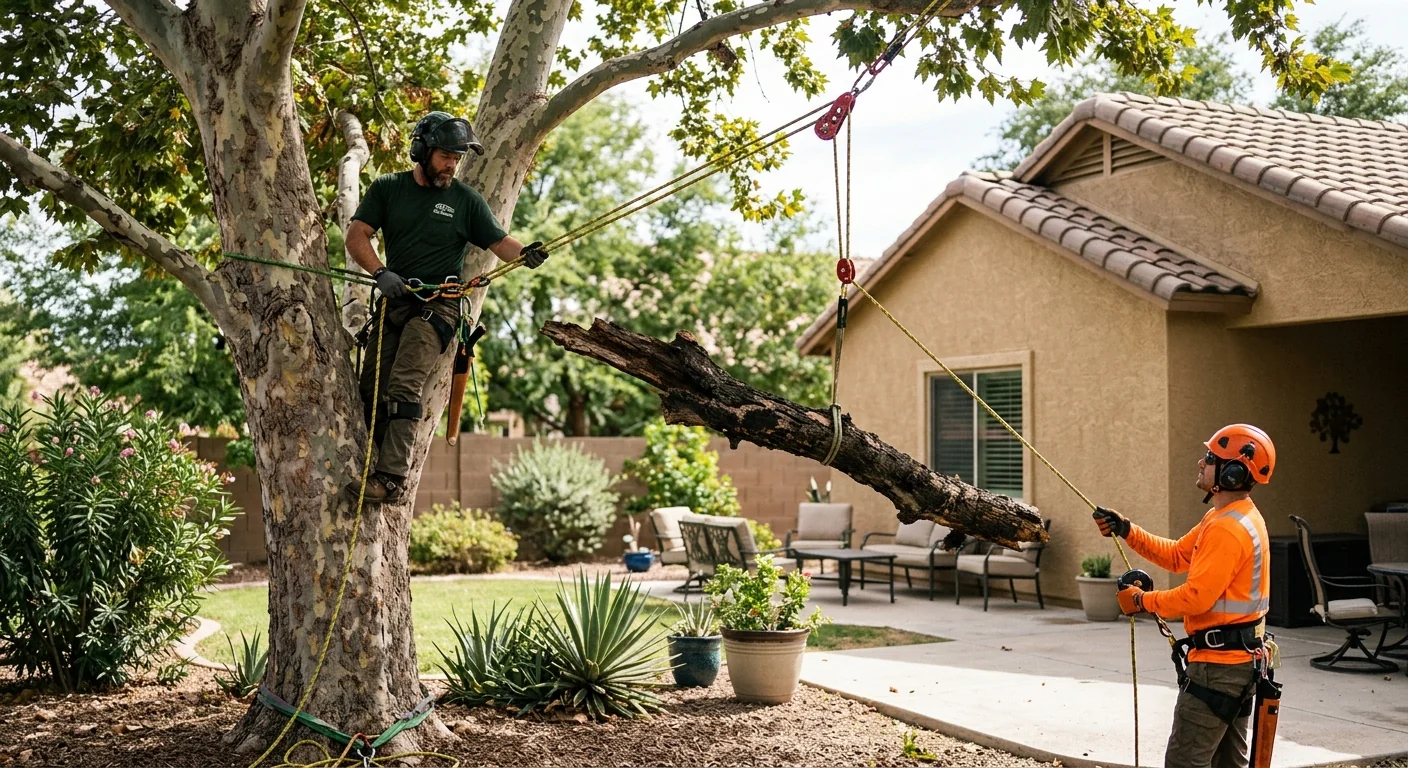 Arborist rigging ropes to lower a decayed limb over a backyard