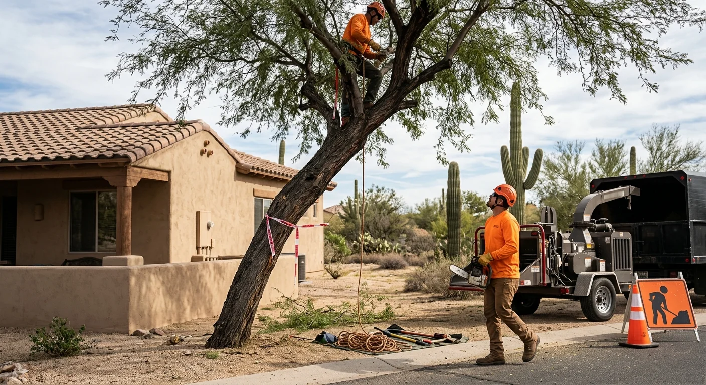 Wide view of a leaning tree marked for removal beside a desert home