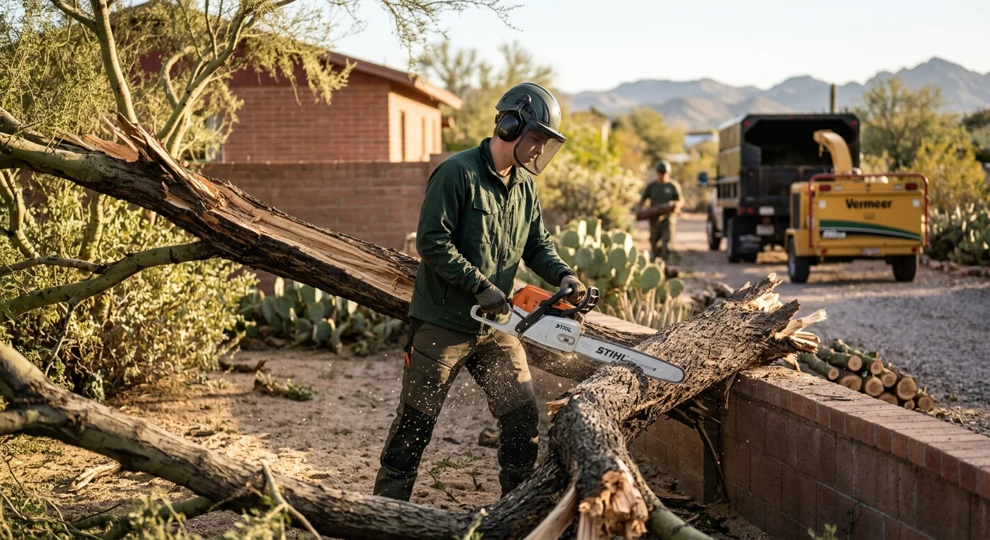Crew member making a controlled cut on a storm-damaged trunk