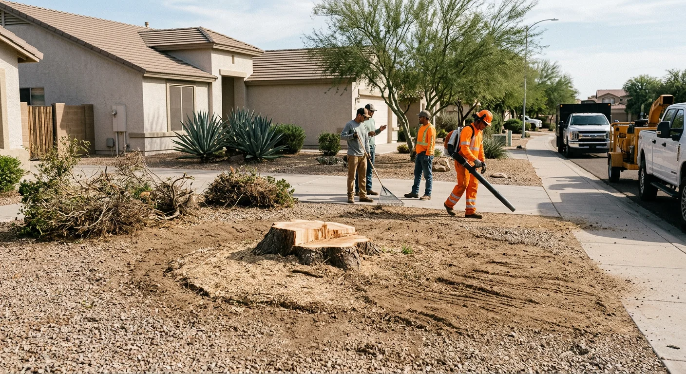 Cleared work zone after hazardous tree removal on a residential lot