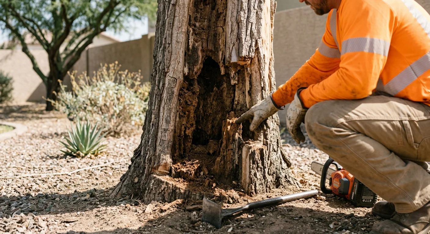 Close-up of decayed trunk base revealing internal rot before removal