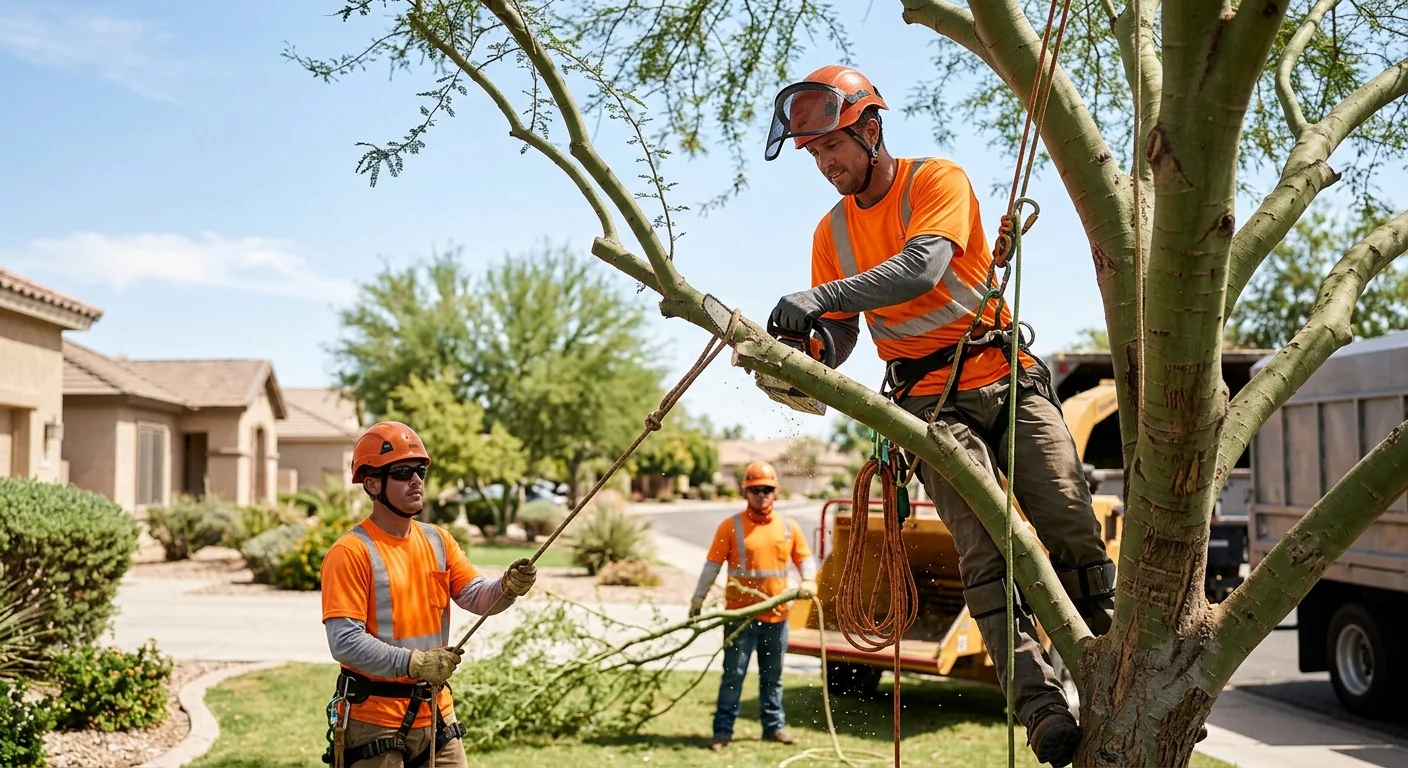 Arborist rigging a hazardous tree for controlled removal in Goodyear