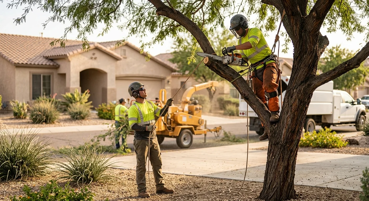 Crane lifting a cut tree section above a Goodyear property