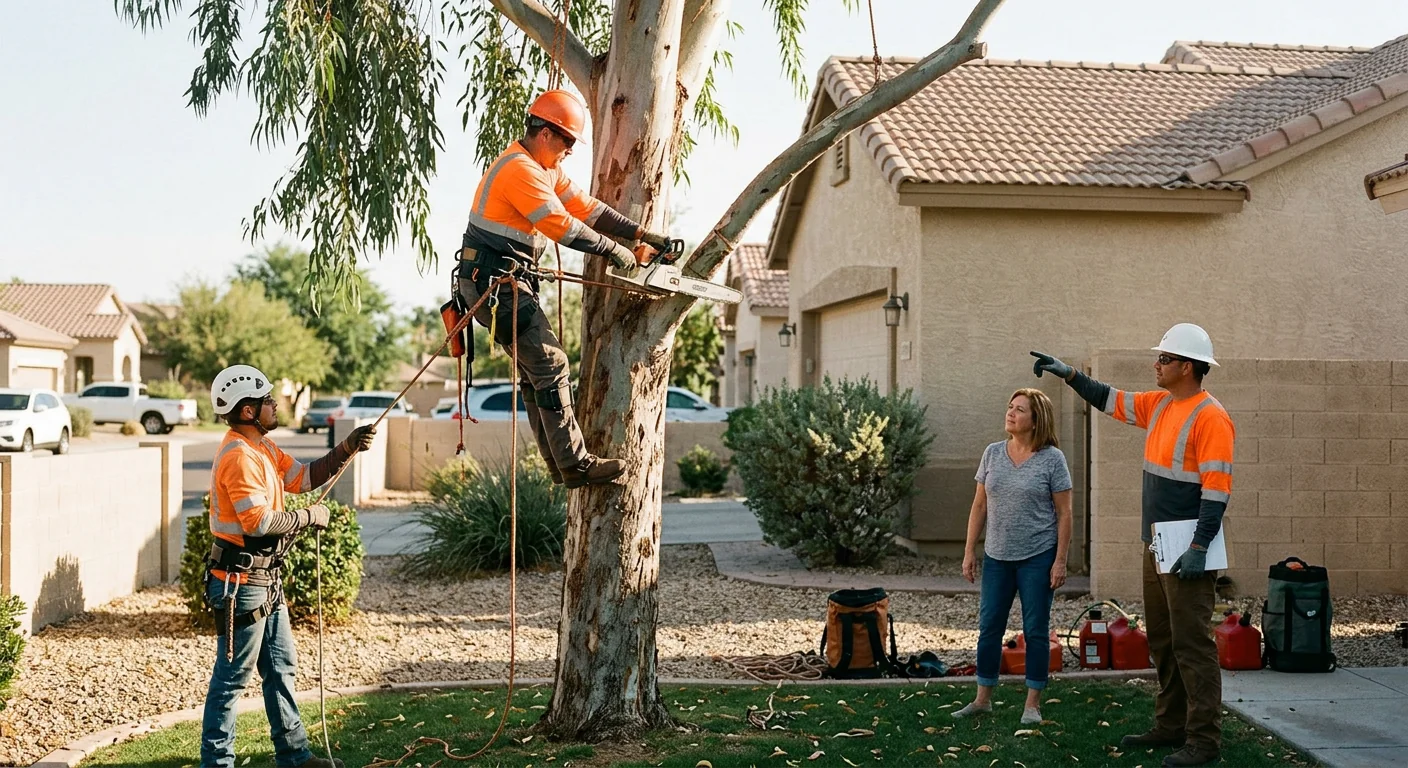 Crew clearing a brush-covered residential lot in Goodyear with skid steer