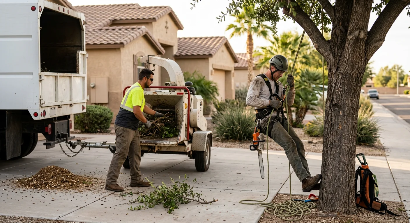 Crew clearing brush and trees from a desert lot in Goodyear