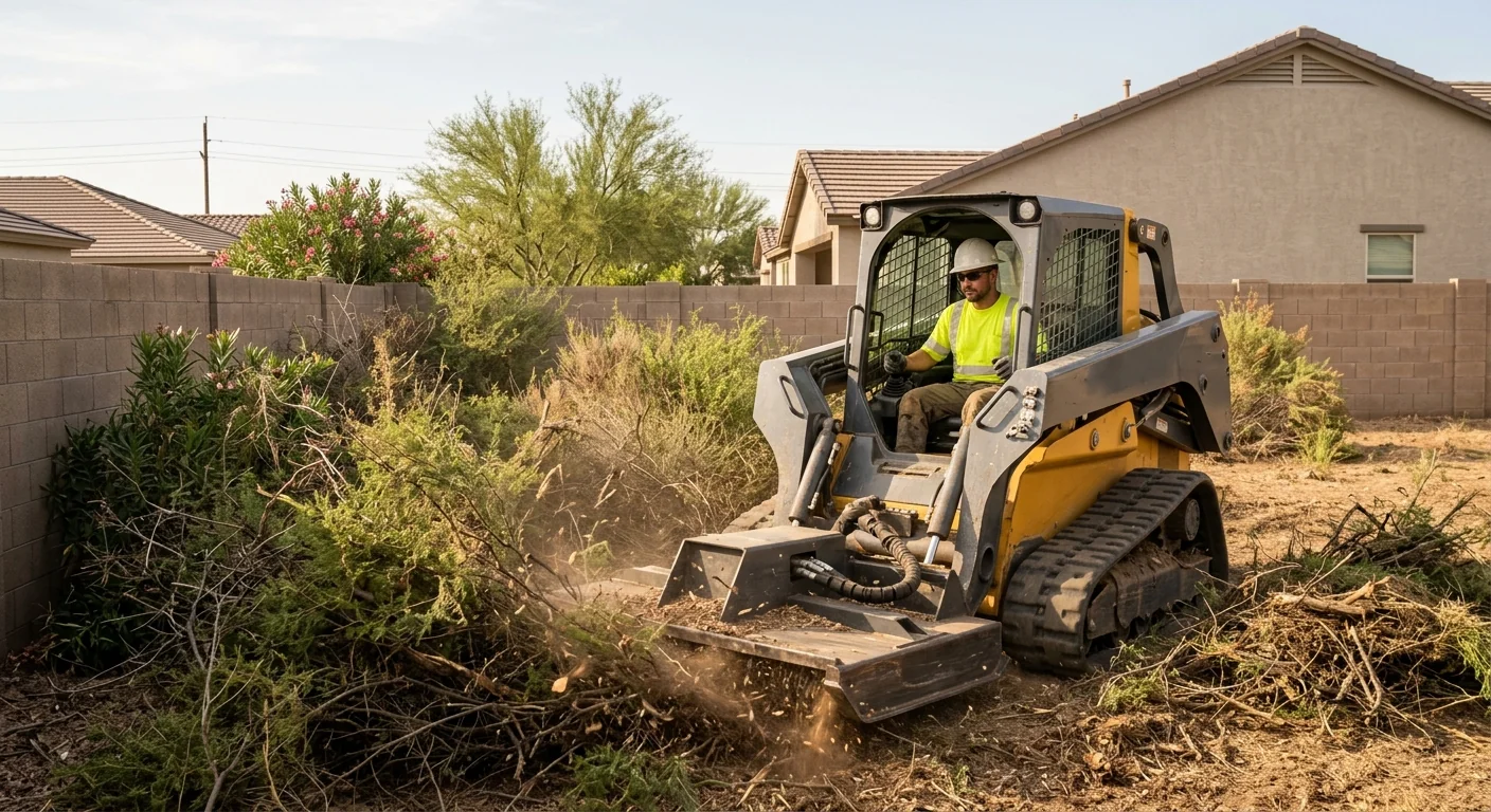 Skid steer removing dense brush from a residential backyard lot