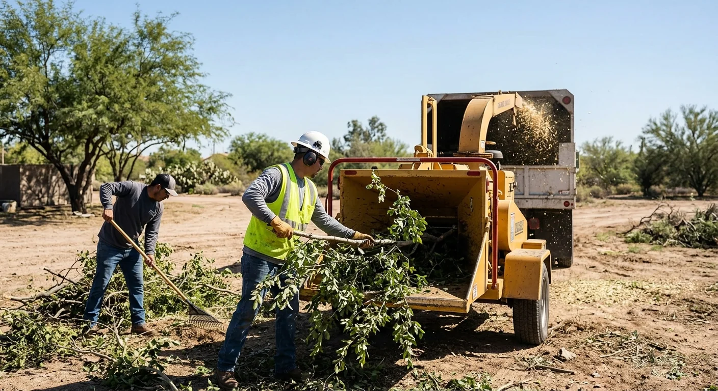 Chipper processing branches during a Goodyear land clearing project