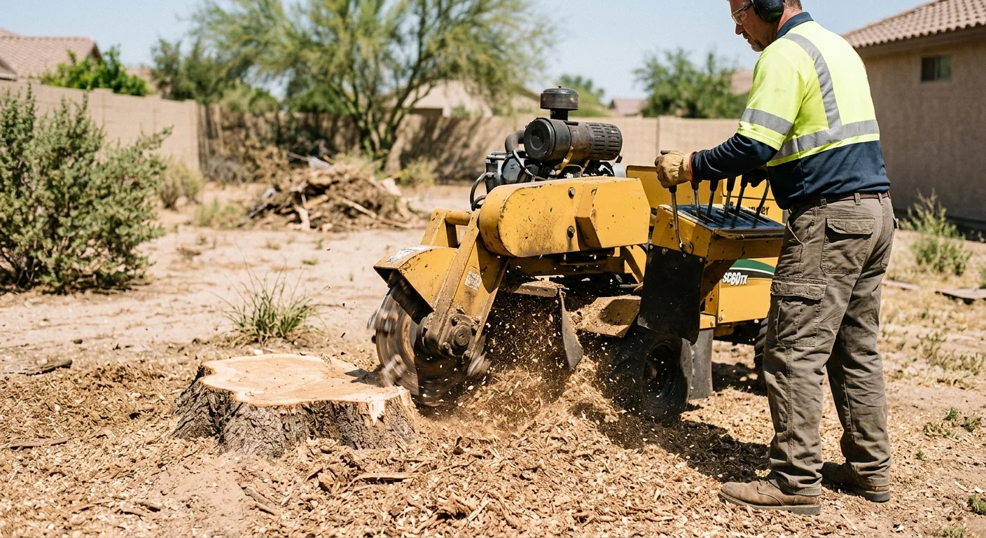 Close-up of stump grinding on a freshly cleared property surface
