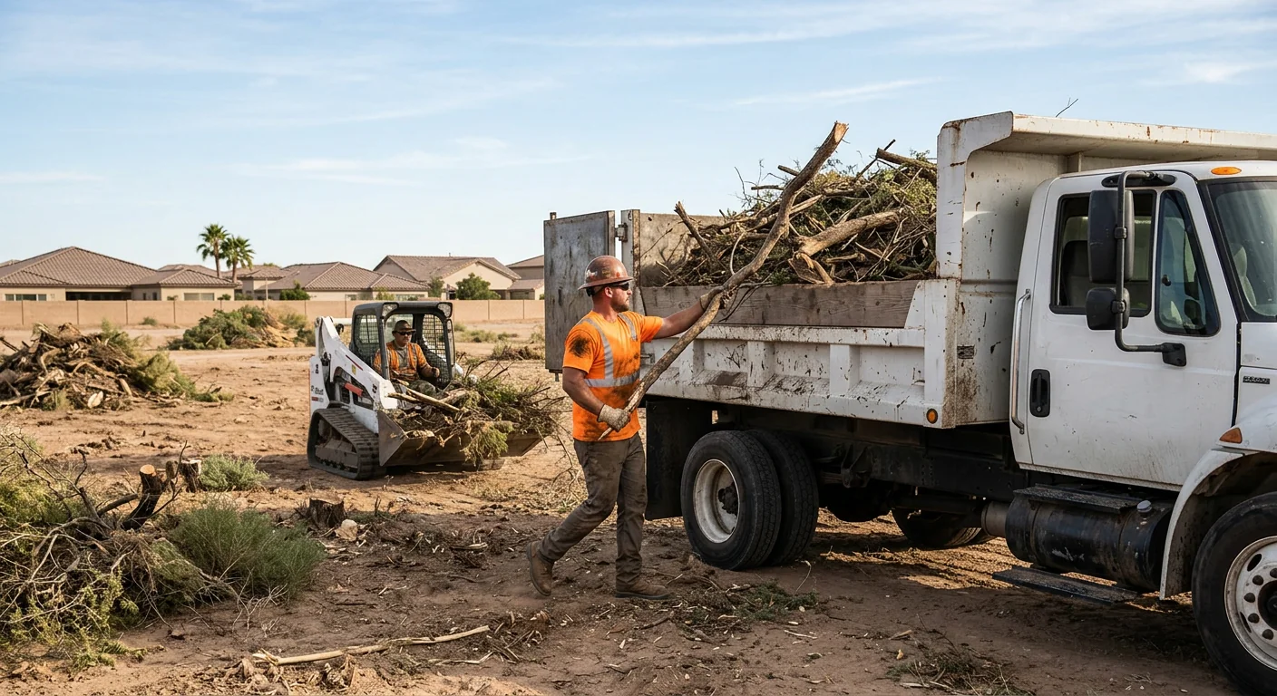 Crew loading brush debris into a haul truck on a cleared lot