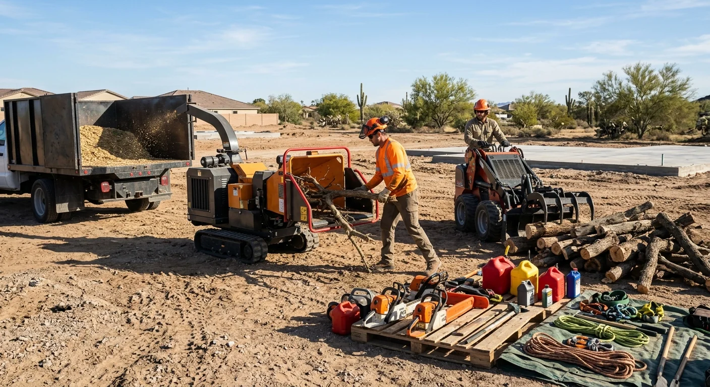 Equipment staging area on a partially cleared residential clearing site