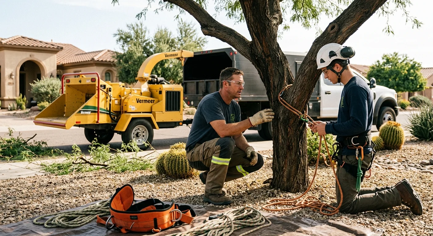 Crew clearing storm-damaged tree debris from a Goodyear residential yard
